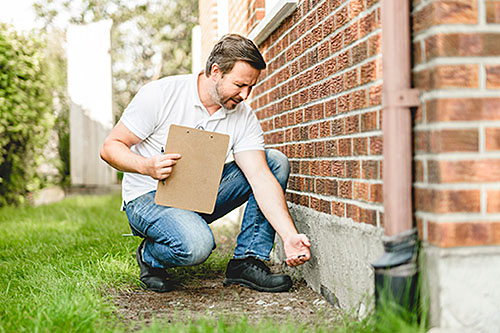 A man checking the condition of the house wall